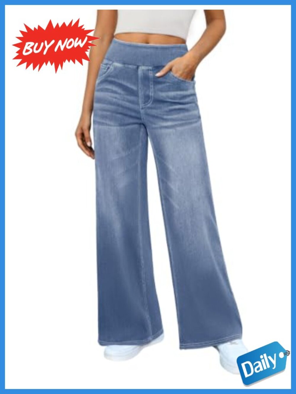 DLOODA Women's Stretchy Wide Leg High Waisted Pull On Jeans Denim Pants